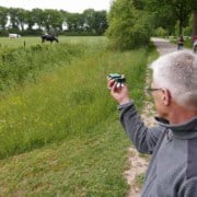 Compass course shooting in a meadow A man with gray hair and glasses stands along a paved path, pointing his camera at grazing cows in a green field. Wild flowers and tall grass adorn the path, while trees form the background. In front of him, someone is cycling, possibly with a map for navigation.Looking for adventure? Discover beautiful cycling routes, green meadows, and enchanting landscapes! Feel free in nature and capture moments!