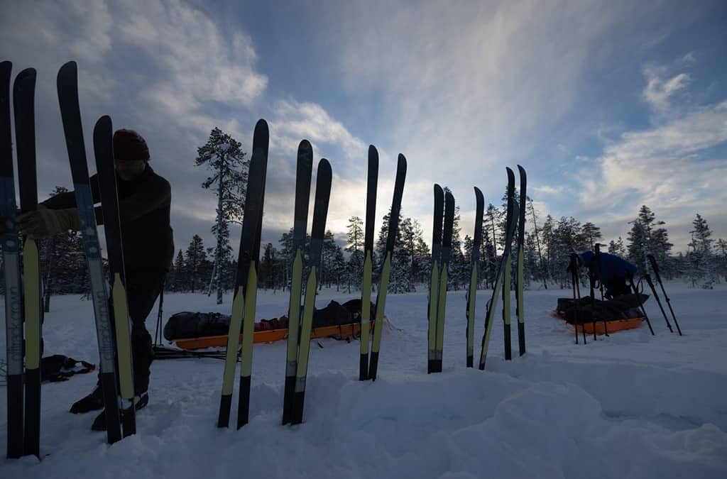 Skis in a Row During a Break on a Trek in Northern Sweden
