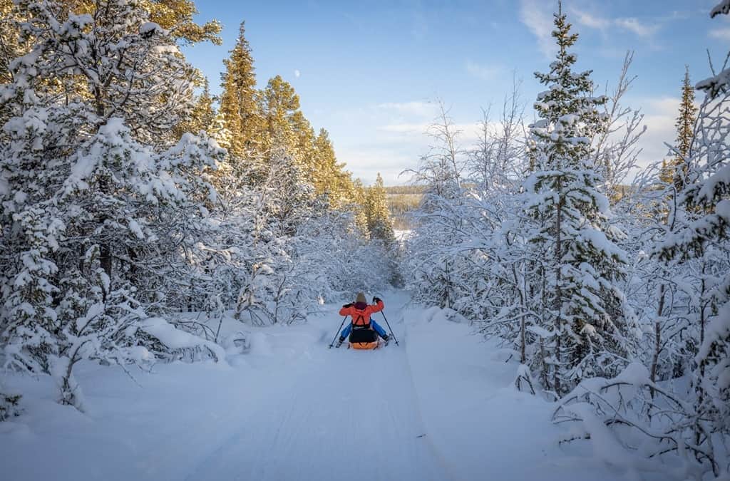 Sledding During a Descent in Swedish Lapland