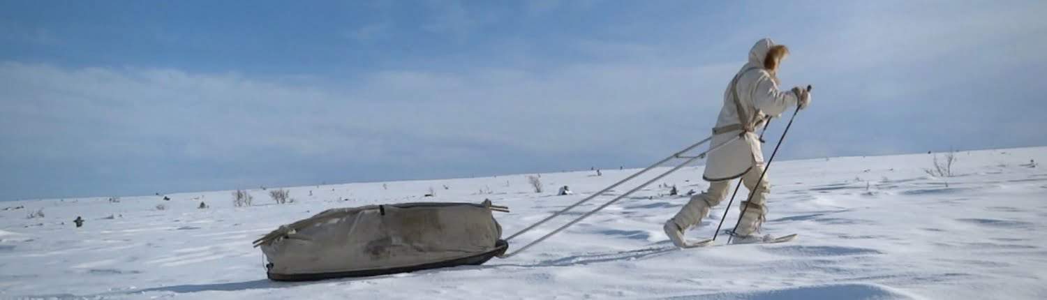Een arctische nomade, gekleed in warme kleding, trekt een slee door een besneeuwd, dor landschap onder een heldere hemel.