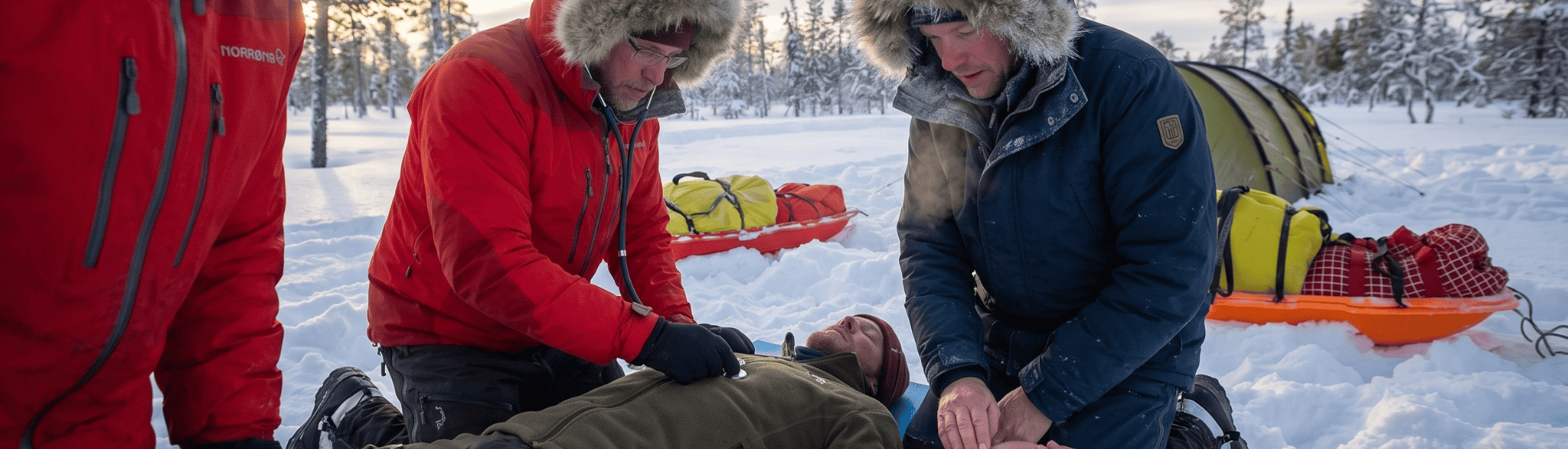 Avontuurlijke winterexpeditie: groep verleent eerste hulp in de sneeuw, omringd door tent, slede en besneeuwde bomen.
