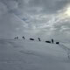 Expedition on Greenlandic snow plains with hikers and pulks under a cloudy sky.